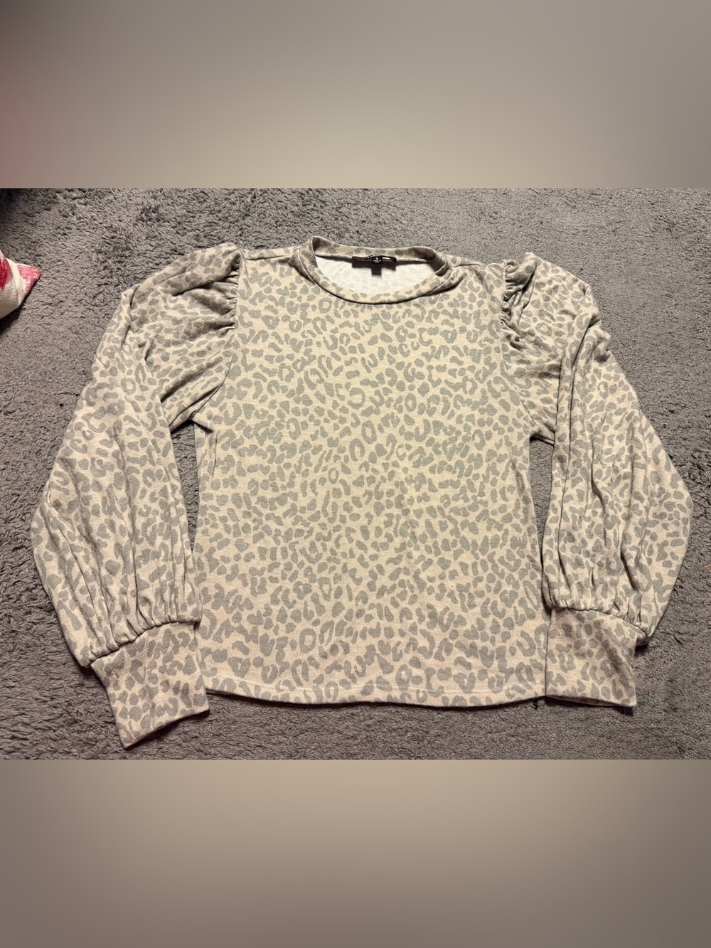 Lulu's Cream and Light Gray Leopard Puff-Sleeve Long Sleeve Top